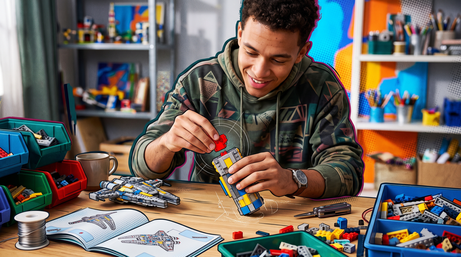 Builder assembling a brick model at a workbench